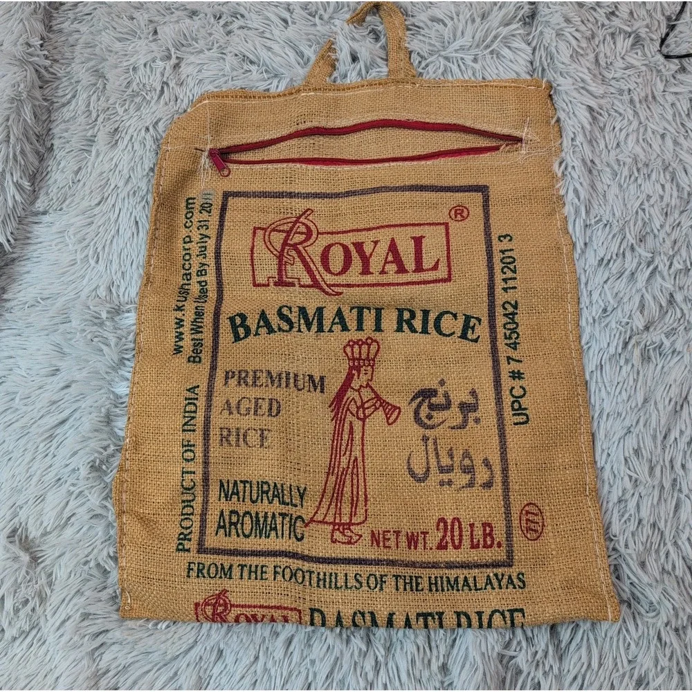 ROYAL BASMATI Rice Large Burlap Jute Zippered Bag Home Decor Rustic Farm